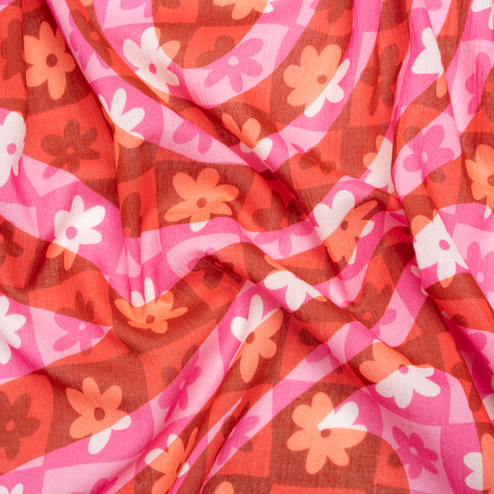 Crinkled Cotton Gauzy Woven Print - Red and Pink Flowers and Swirls on Checks - Mood Exclusive Gardener's Game - Joann Fabrics