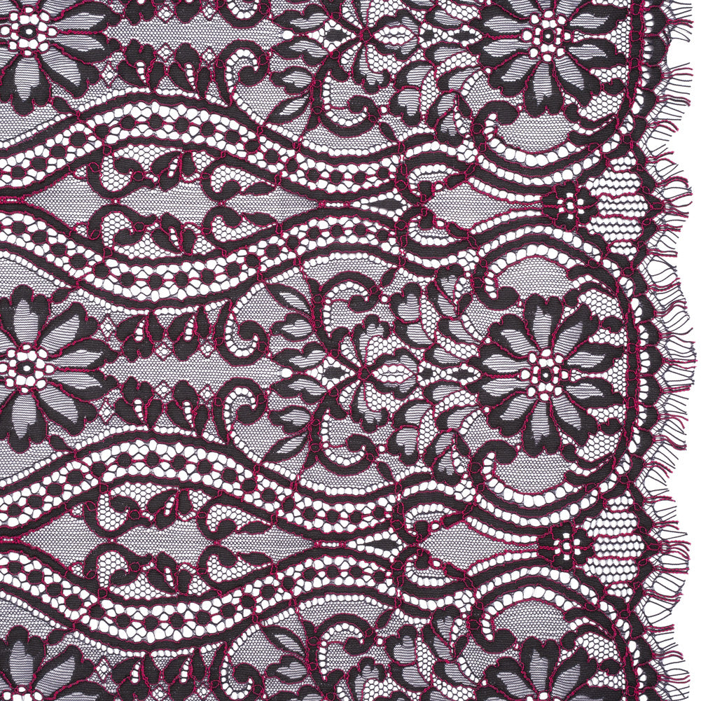 Corded Lace Narrow Panel with Finished Edges - Blue and Raspberry Rose Flowers, Dots and Wavy Lines - Joann Fabrics
