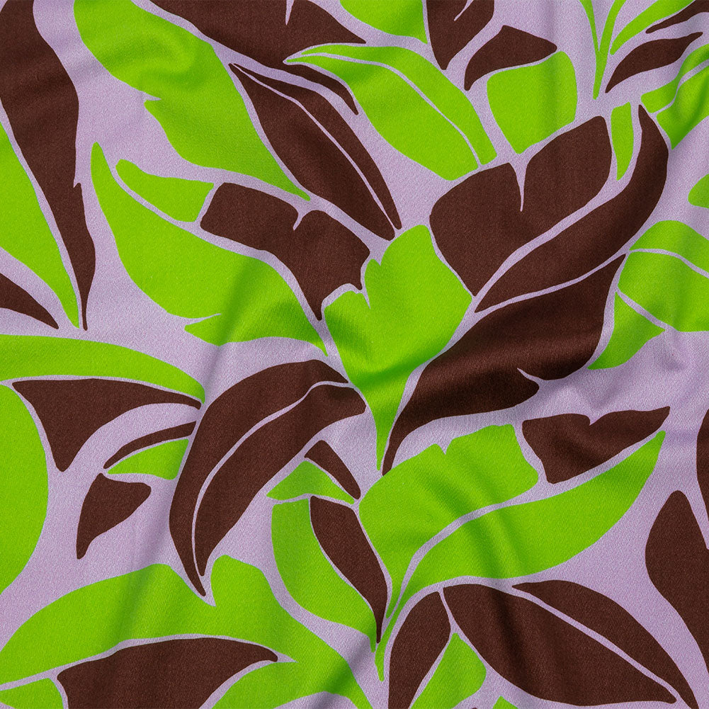 Stretch Cotton Sateen - Lavender and Green Leaves - Flying Swirls Print - Mood Exclusive Groove Collection - Joann Fabrics