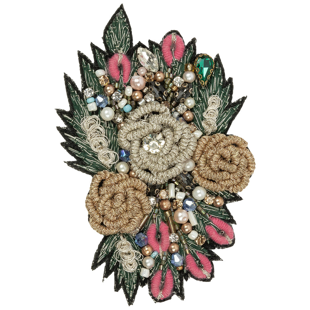 Black, Gold and Pink Rose Embroidered, Rhinestone and Glass Beaded Bouquet Applique - 3.875