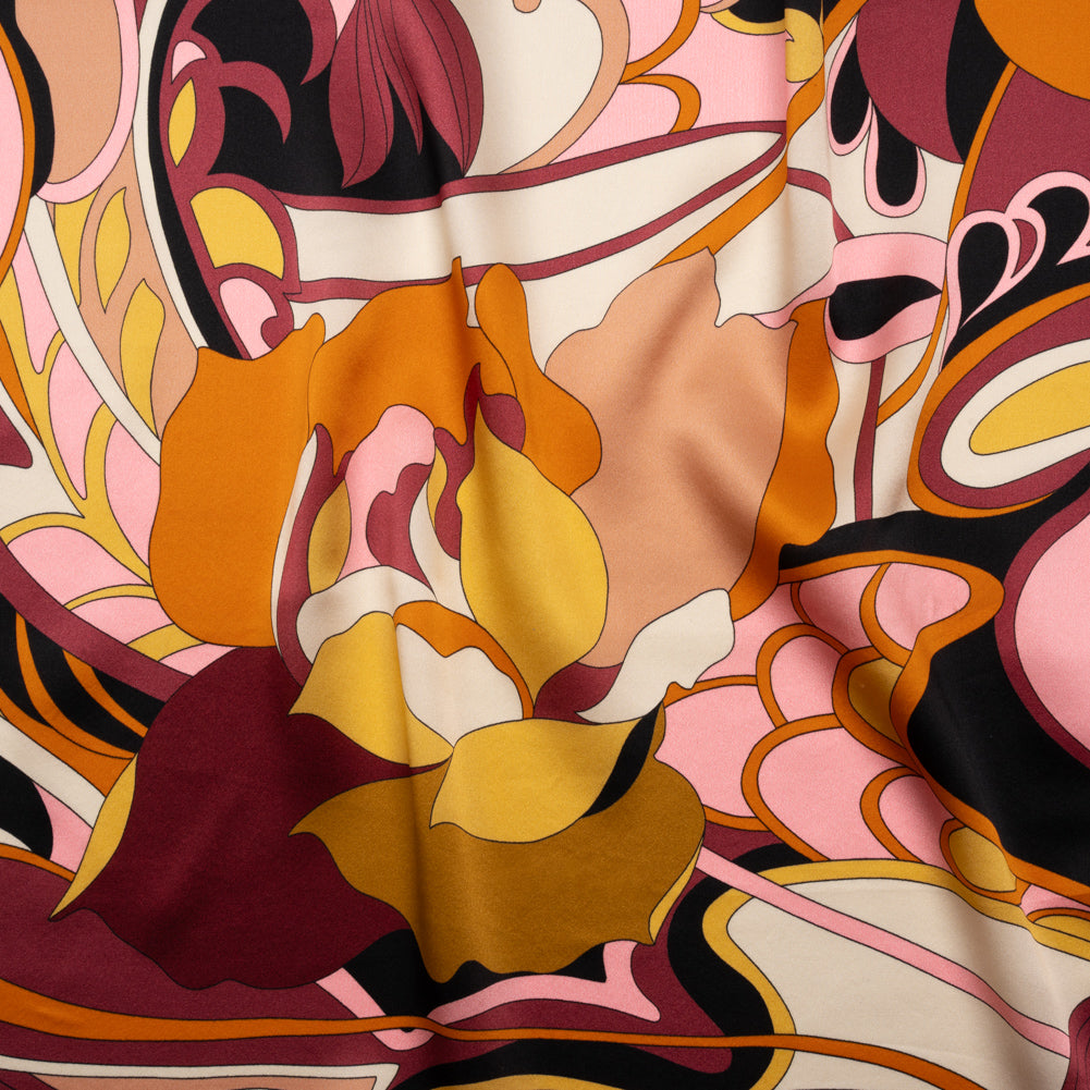 Silk Charmeuse Print - Russet Brown, Orange and Peach Retro Floral Swirl - Made in Italy - Joann Fabrics