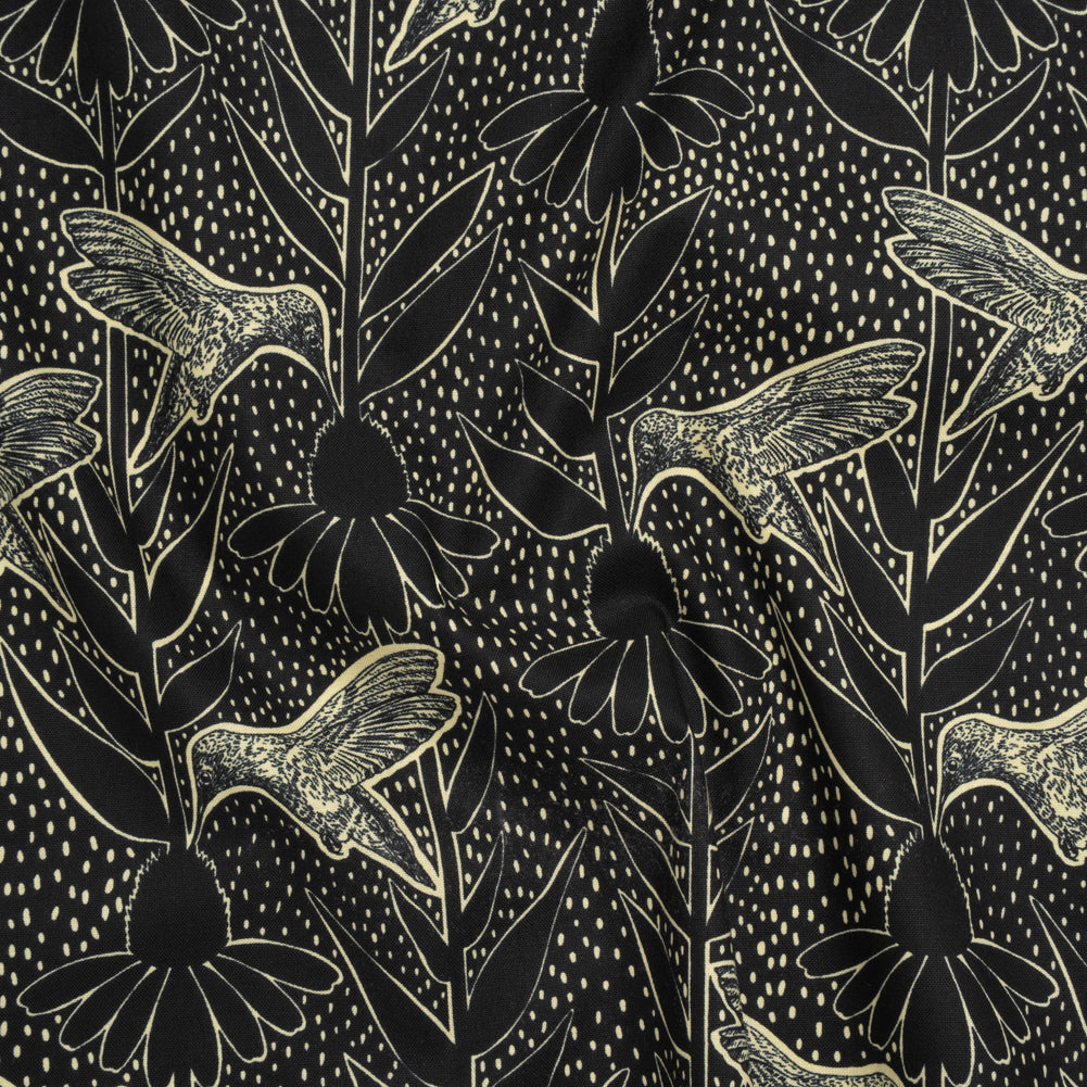 Printed Quilting Cotton by Anna Maria Textiles for Northcott - Black Hummingbirds and Coneflowers - Indelible Ink Collection - Joann Fabrics