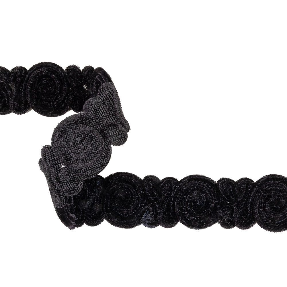 Black Plush Roses Chenille Trim on Mesh Backing - 1.625