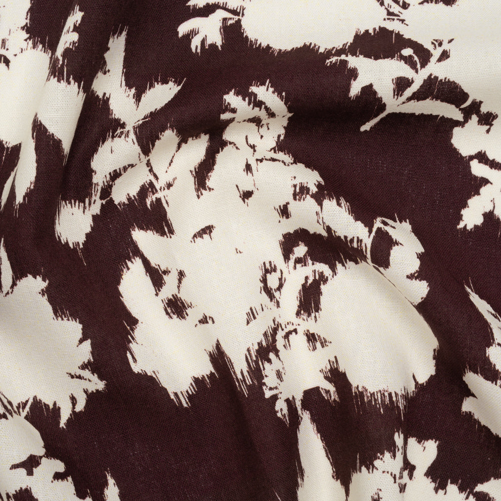 Linen and Rayon Woven - Grape Wine and Off White Ikat-Inspired Floral Silhouettes - Mood Exclusive Summer Sketches Print - Joann Fabrics