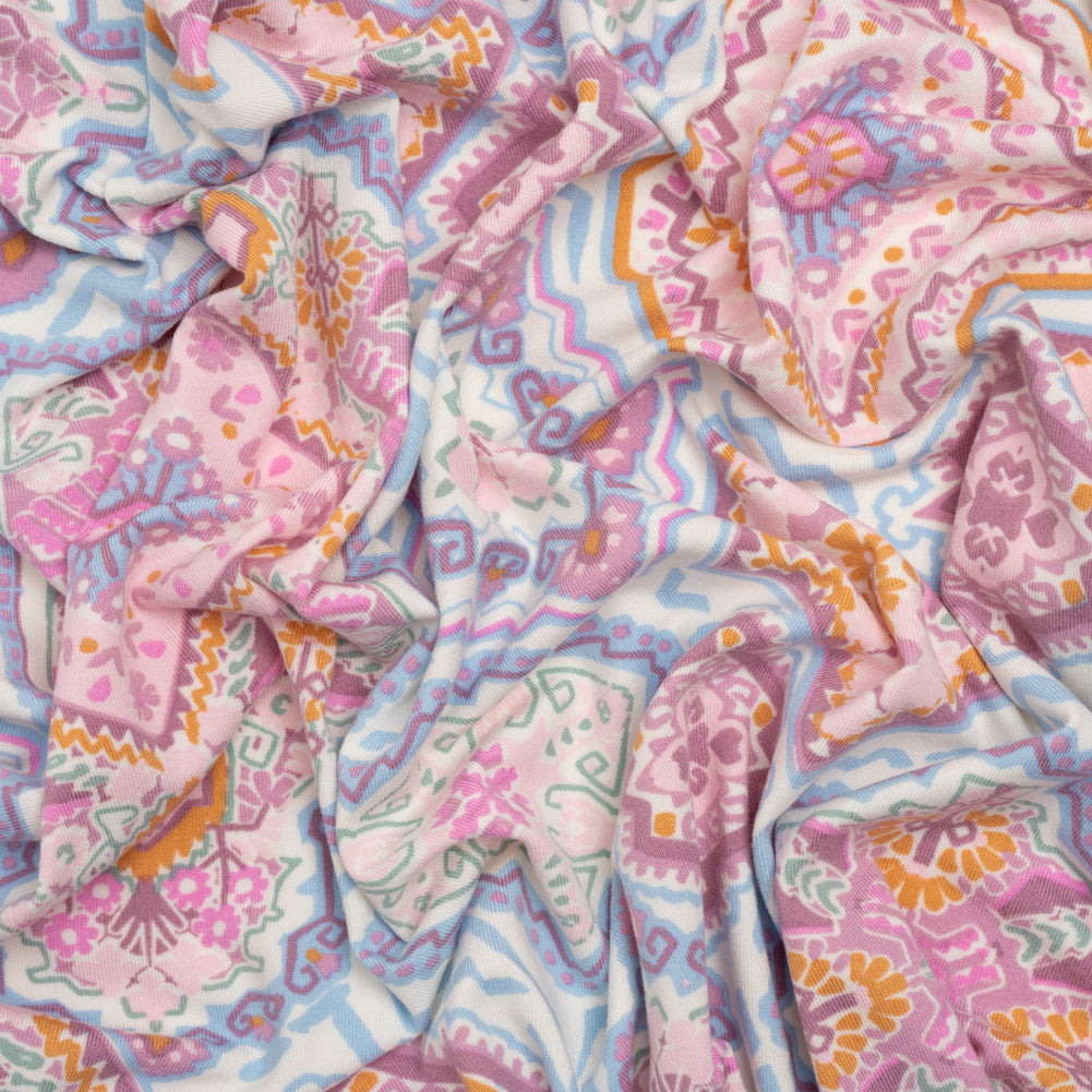 Stretch Polyester Jersey - Pale Pink, Baby Blue, and Golden Yellow Geometric Medallions - Joann Fabrics