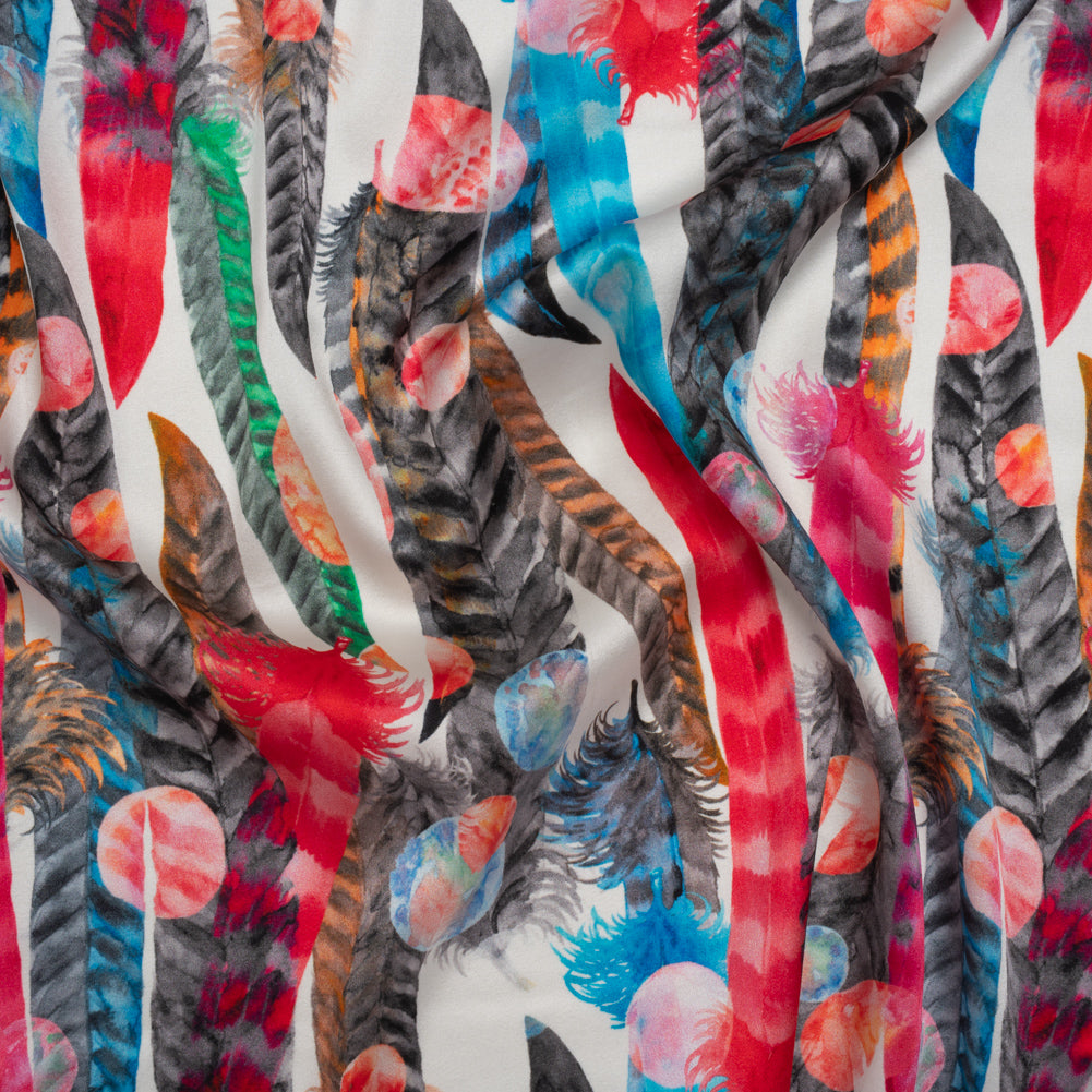 Stretch Silk Charmeuse Print - Pink, Blue and Gray Watercolor Feathers and Spots - Deadstock - Joann Fabrics