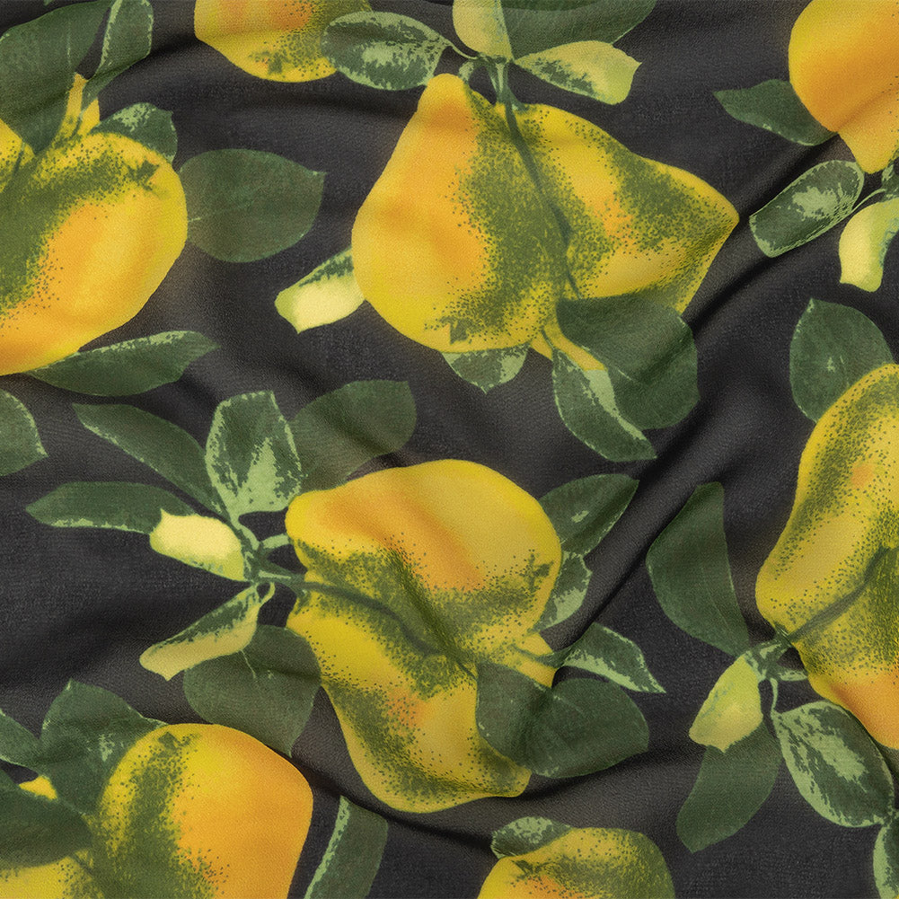 Famous NYC Designer Italian Amber and Green Pears Printed on Black Viscose Georgette - Joann Fabrics