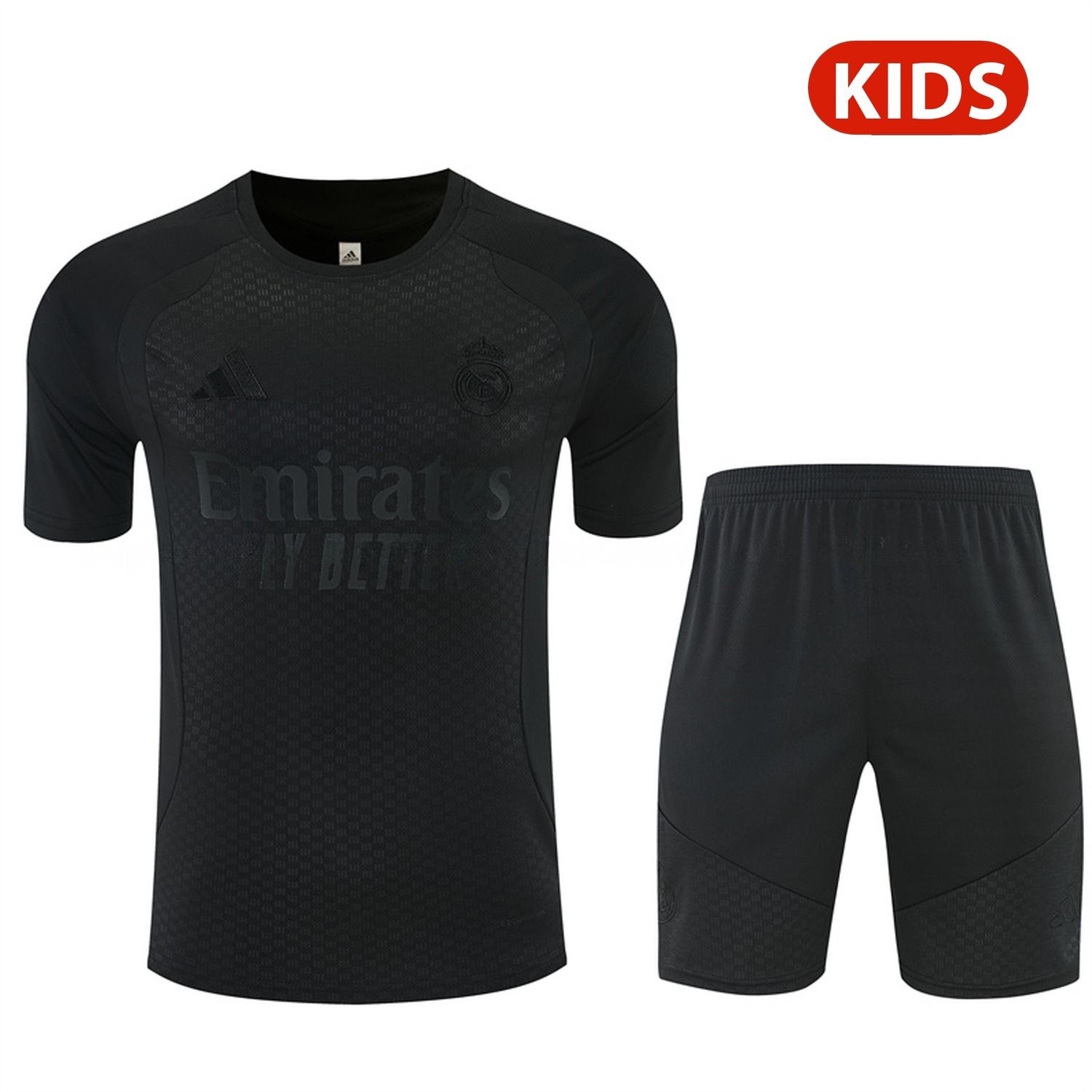 Real Madrid 26-27 Kids Short-Sleeve Training Set - Pure Black Top & Black Shorts - UnitedFutballJersey