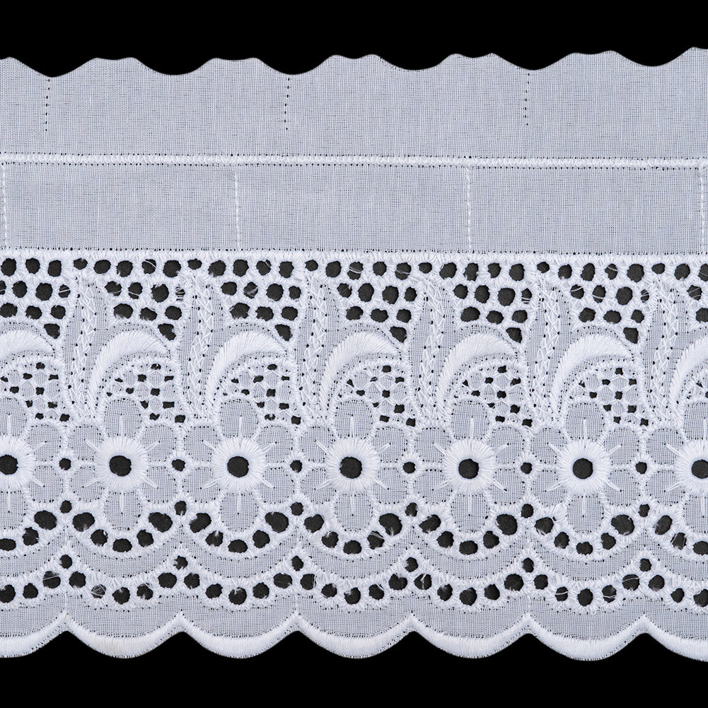 Cotton and Polyester Embroidered Eyelet Lace Trim with One Finished Scalloped Edge - 5