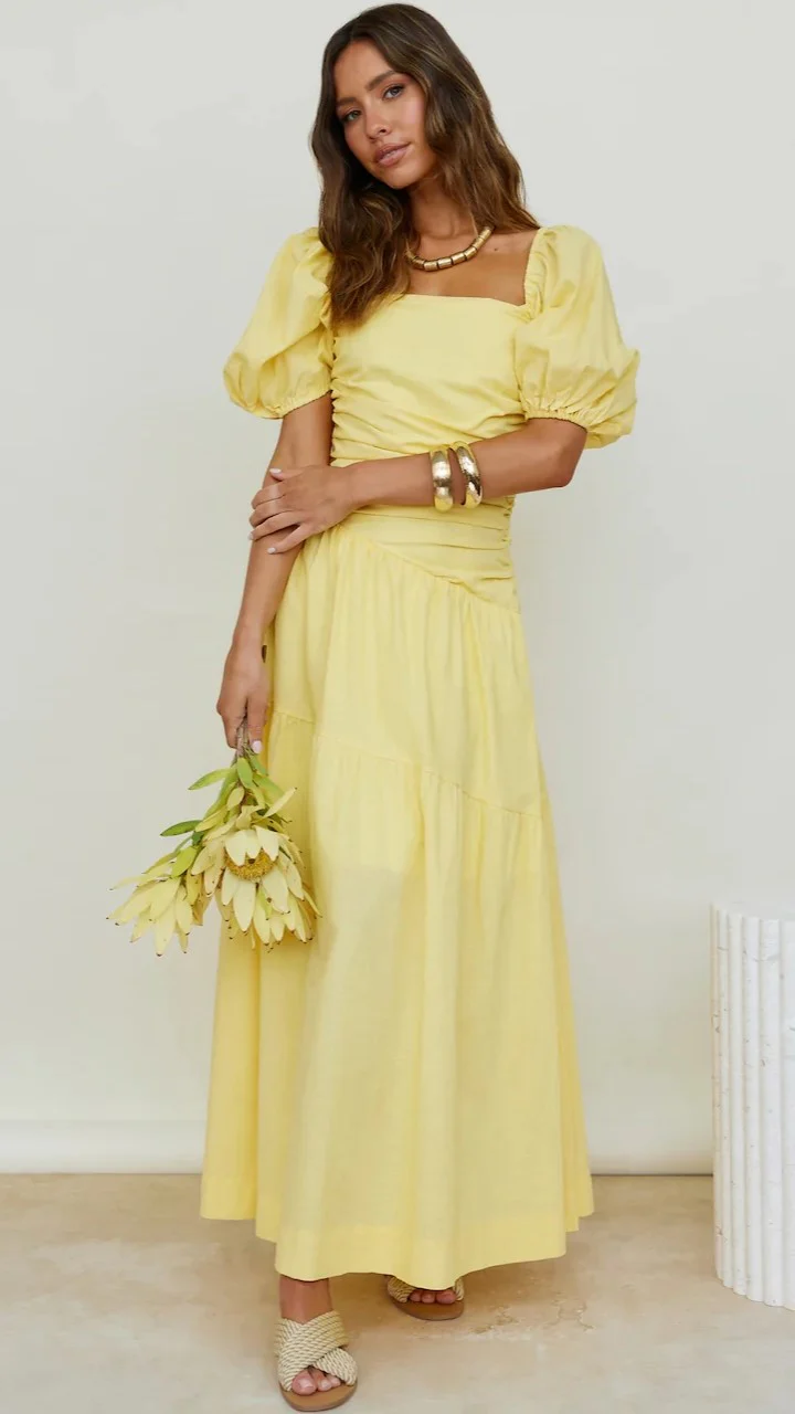 Yellow Pleated Midi Dress