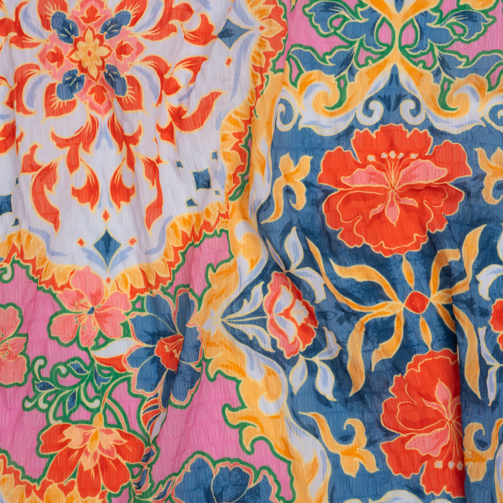 Polyester Wide Stripe Seersucker - Navy, Coral Red and Pink Modern Floral Damask - Designer Deadstock - Joann Fabrics