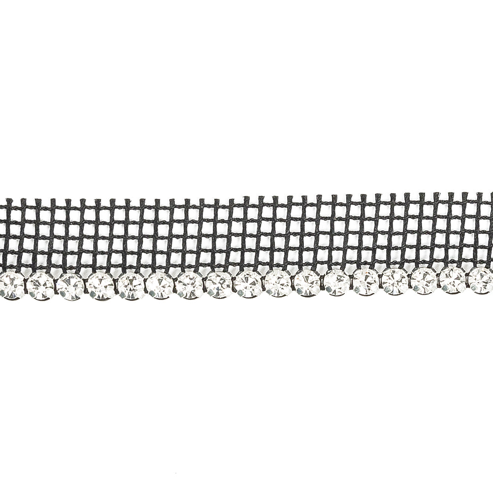 Vintage Crystal and Silver 1 Row Circular Rhinestones on Black Mesh Trimming - 0.5