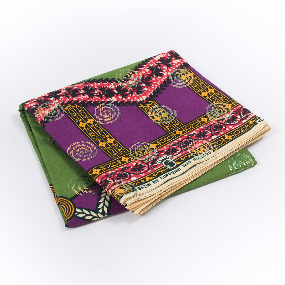 Purple and Green Waxed Cotton African Print with Inlaid Pattern and Metallic Ombre Spiral Foil - Joann Fabrics