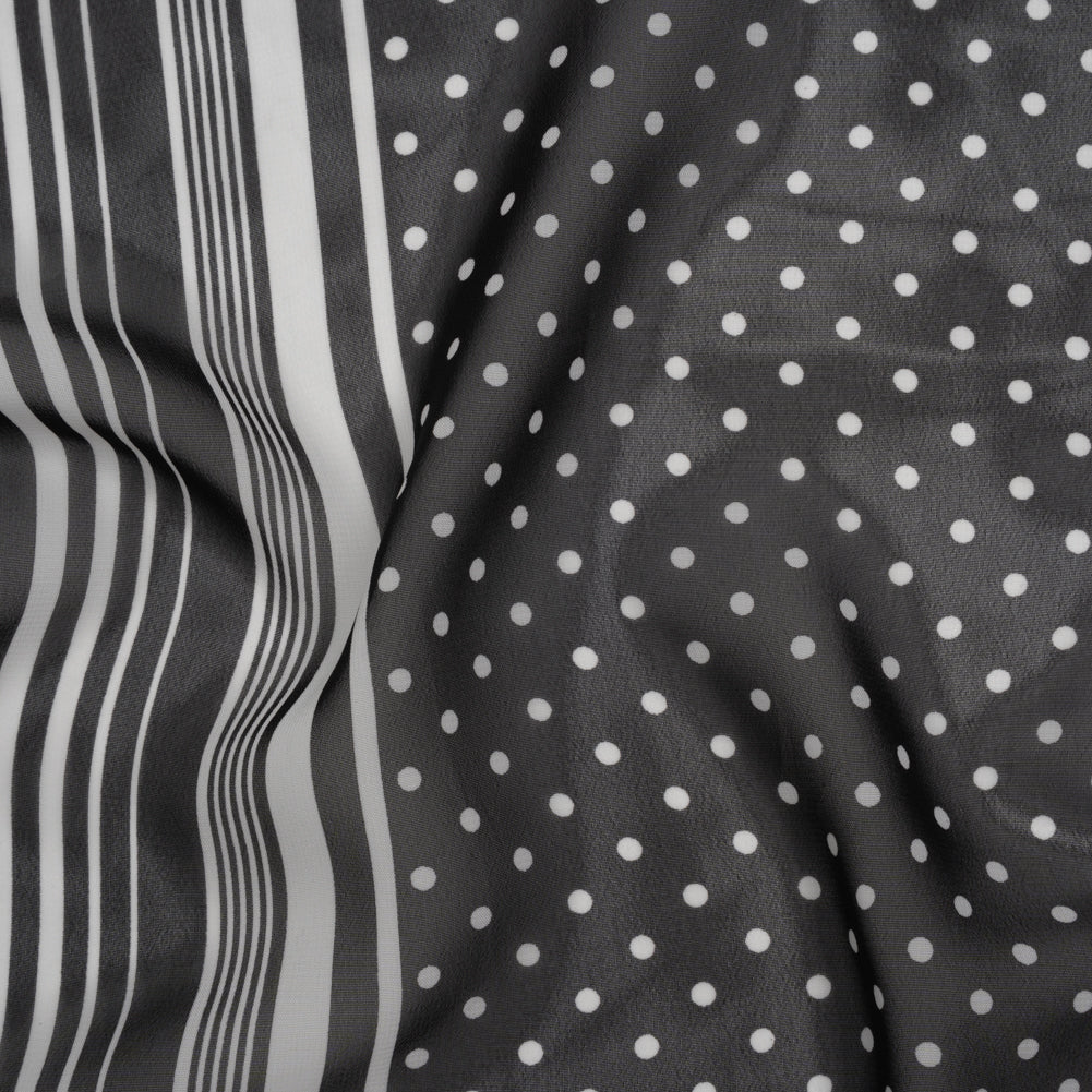 Polyester Chiffon Print - Black and White Polka Dots and Striped Border - Designer Deadstock - Joann Fabrics