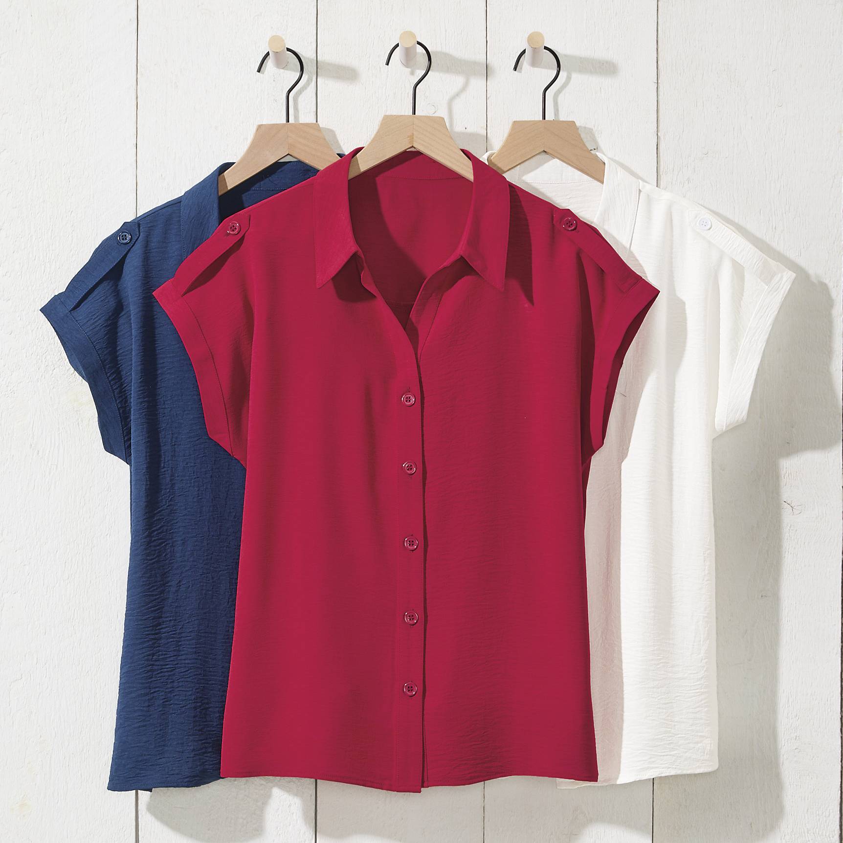 Textured Dolman Camp Shirt, Button-Front, Button-Tab Cap Sleeves - Northstyle Catalog