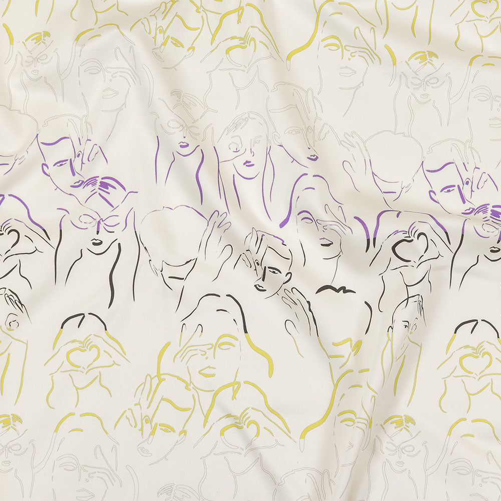 Stretch Cotton Sateen - Purple, Yellow and Black Faces and Hands - Language of Love Print - Mood Exclusive Pride Collection - Joann Fabrics