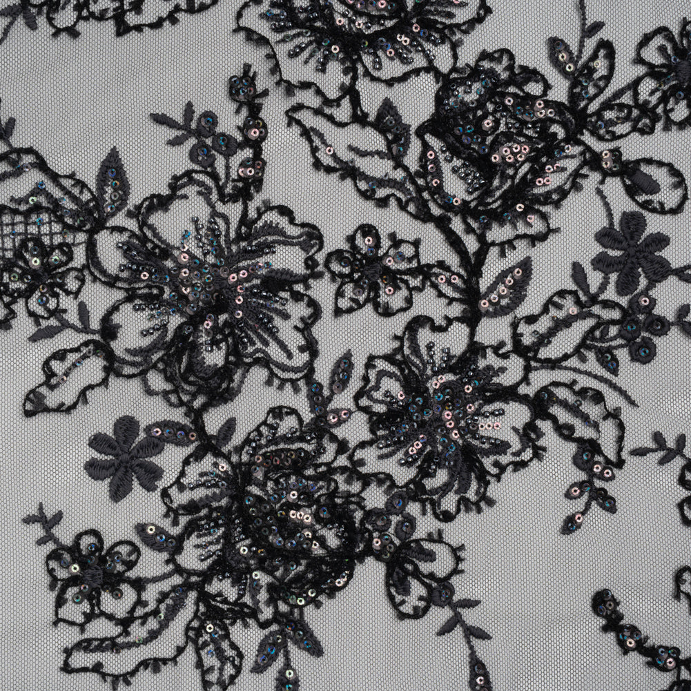 Embroidered and Beaded Lace with Holographic Sequins - Black and Gray Rose Garden - Joann Fabrics