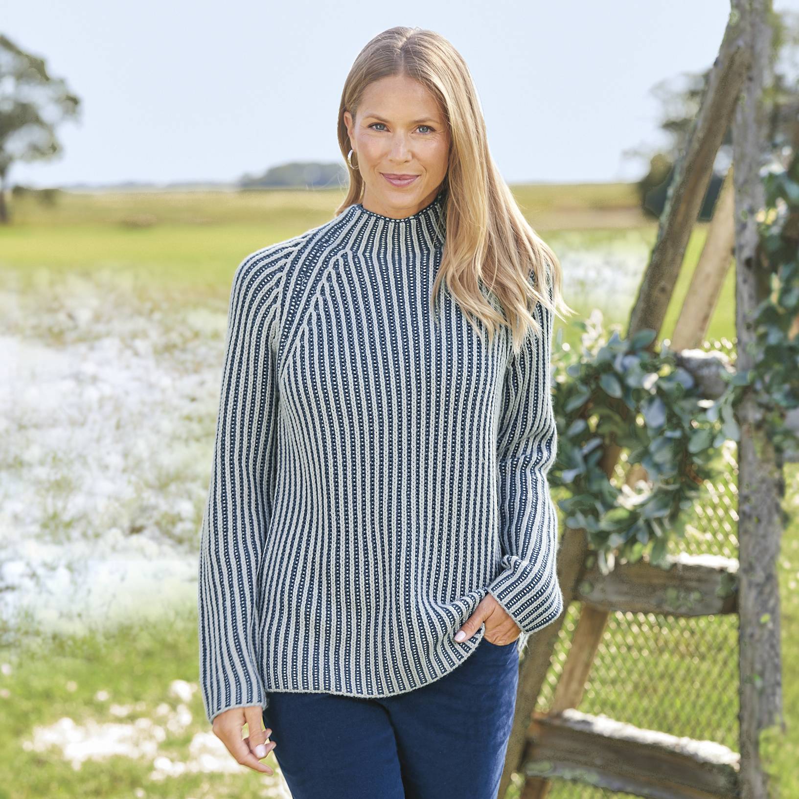 Shaker-Stitch Funnel-Neck Sweater, Long Raglan Sleeves - Northstyle Catalog