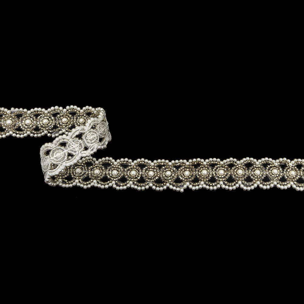 Vintage Fancy Pearl, White and Silver Beaded Trim - 0.875