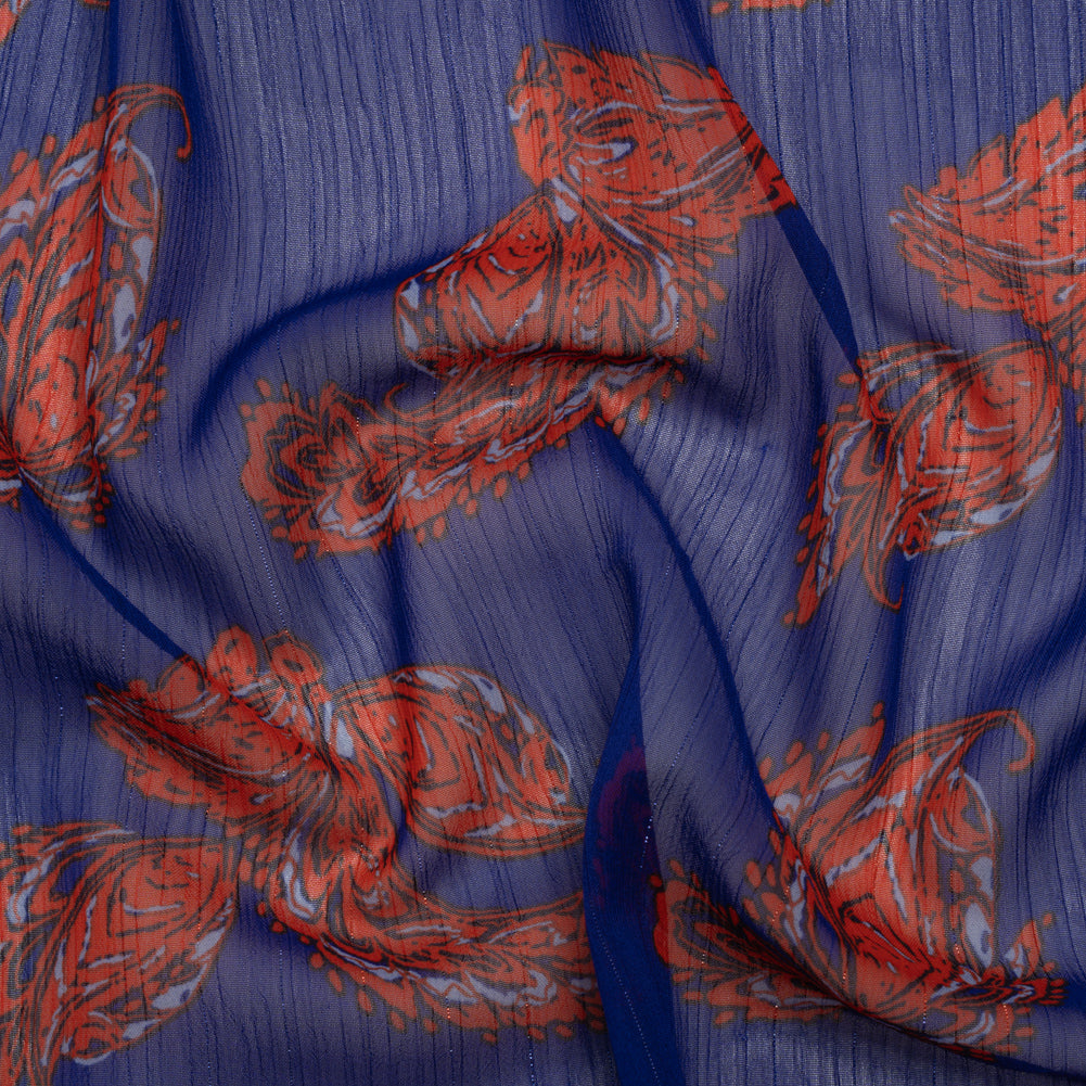 Crinkled Polyester Chiffon with Metallic Silver Pinstripes - Red and Blue Paisleys - Designer Deadstock - Joann Fabrics
