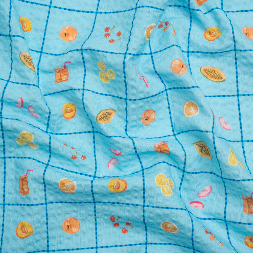 Cotton and Viscose Striped Seersucker Print - Blue Windowpane Checks and Fruit - Mood Exclusive Fruit Juice Jackpot - Joann Fabrics