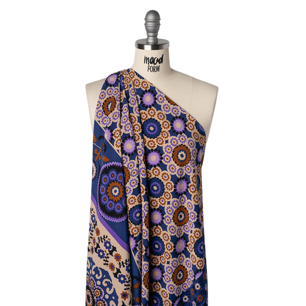 Stretch Polyester Crepe de Chine Print - Dark Blue, Purple and Brown Flower Medallions and Stripes - Designer Deadstock - Joann Fabrics