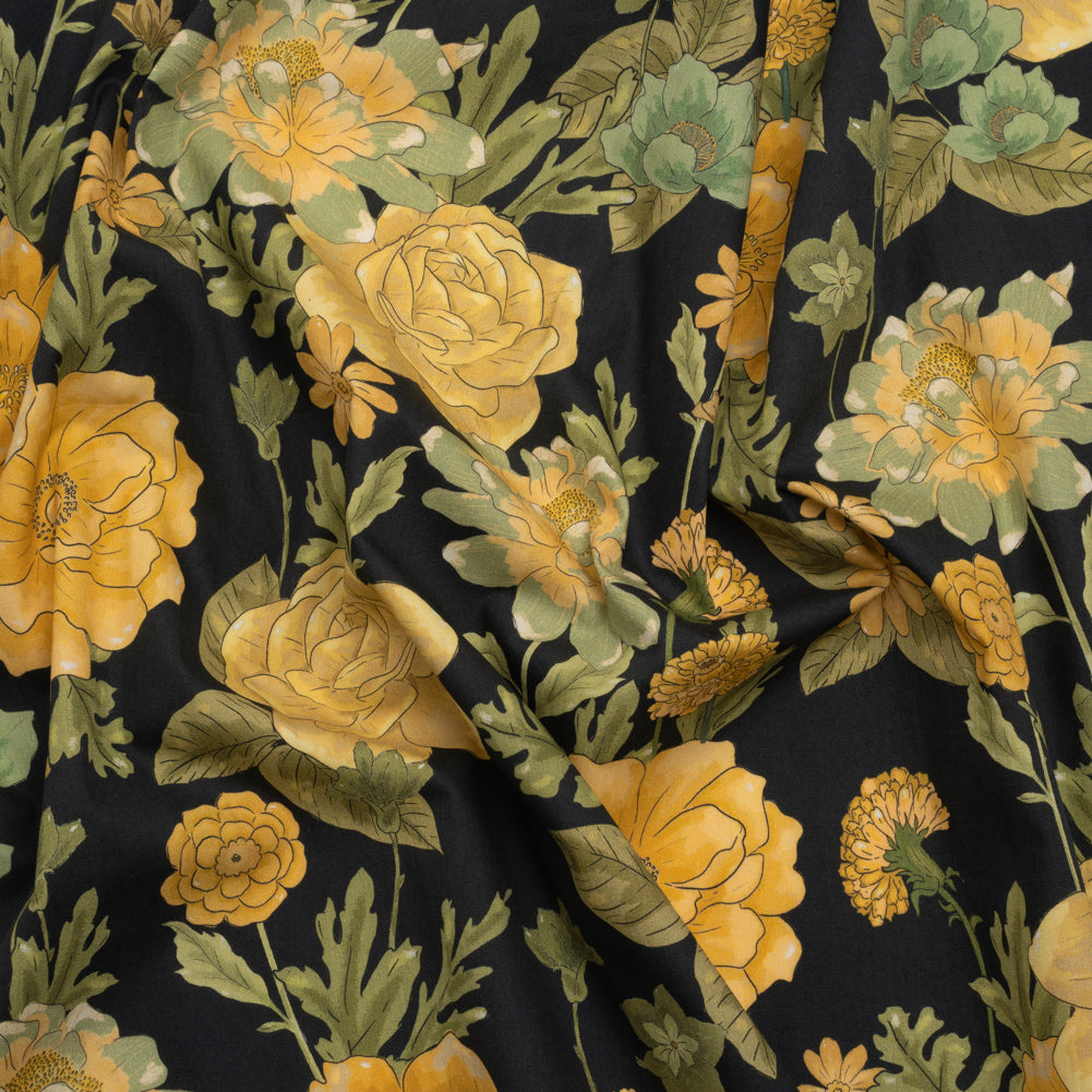 Cotton Poplin Print - Black and Yellow Floral - Mood Exclusive Glorious Gardens - Joann Fabrics