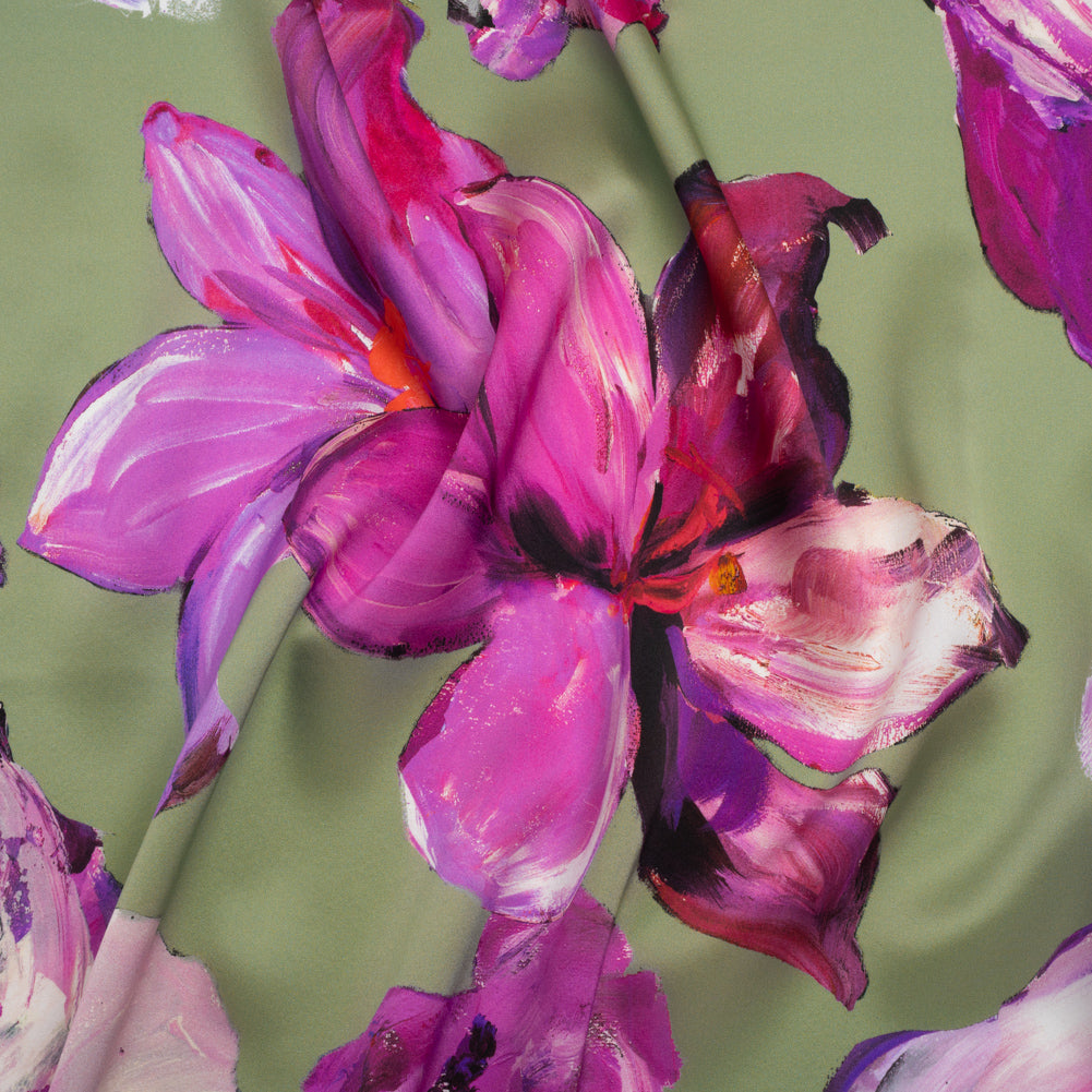 Silk Charmeuse Print 16MM, Made in Italy - Sage Green, Purple and Pink Painterly Flowers - Joann Fabrics