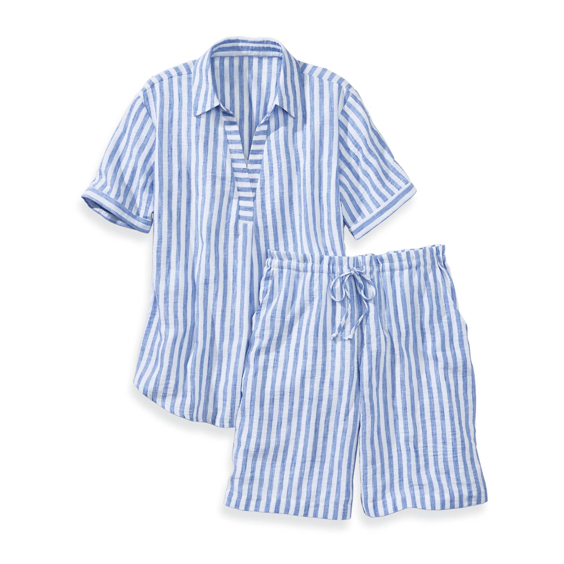 Airy Stripe Textured PJ Set, Split Neck Top & Shorts - Northstyle Catalog