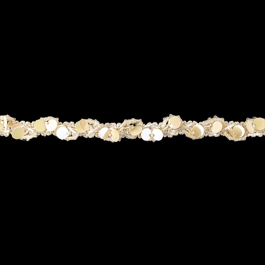 Vintage White Iris Paillette Sequins and White Satin Bugle Beaded Eggnog Trimming - 0.75