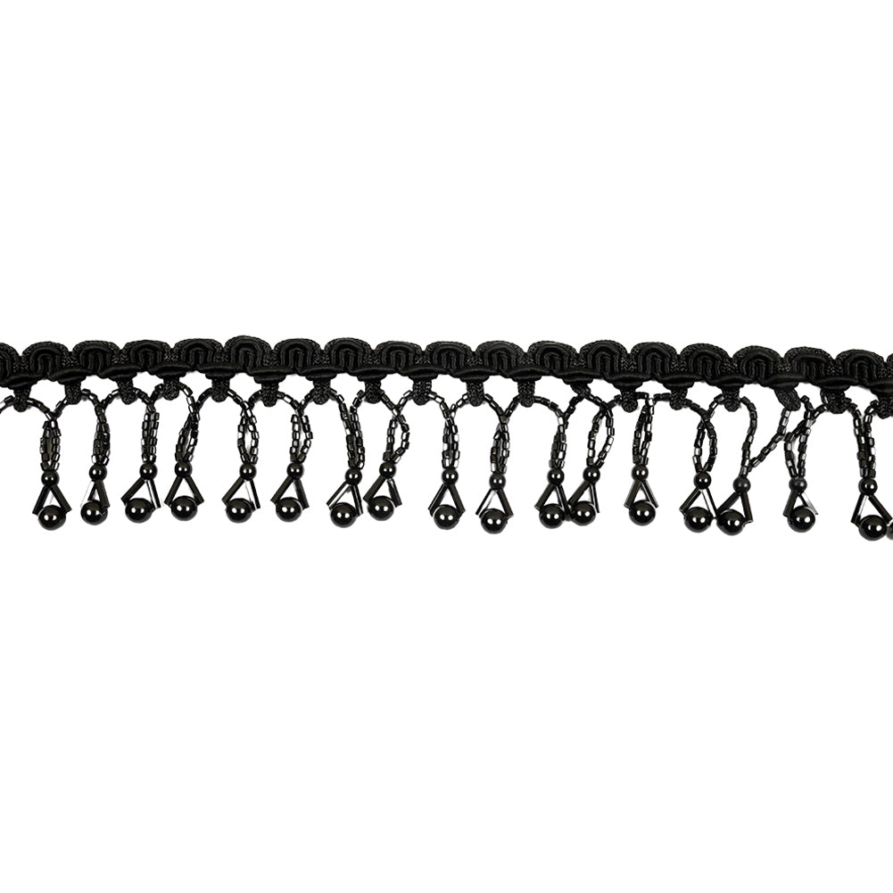 Vintage Black Round and Seed Beaded Fringe on Black Braid - 1.5