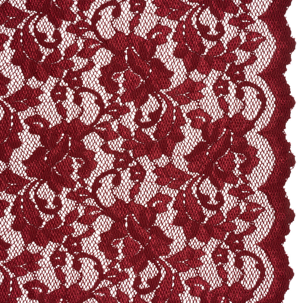 Stretch Raschel Lace with Finished Scalloped Edges - Luminous Deep Red Flowers, Leaves and Swirls - Crina Collection - Joann Fabrics