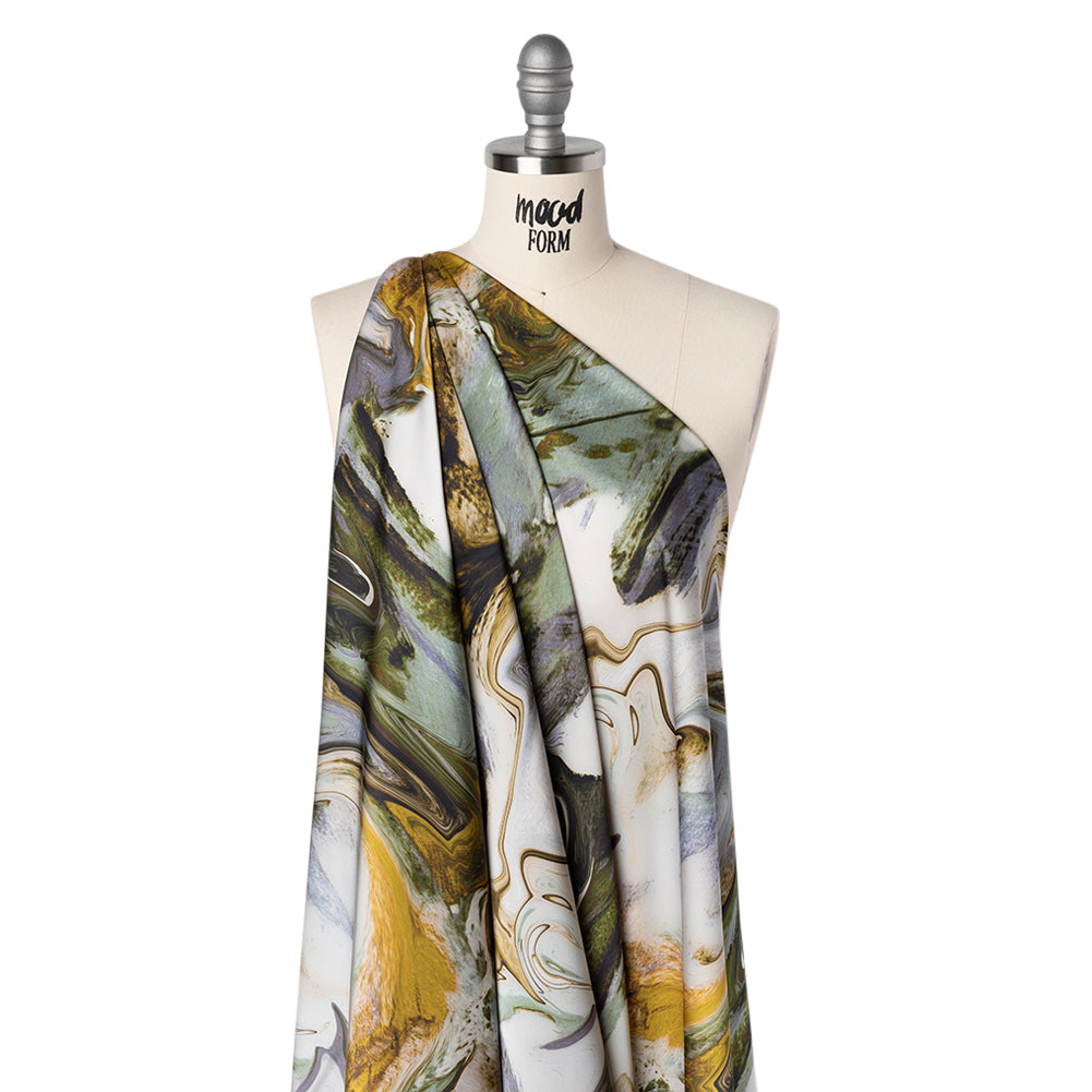 Polyester Satin - Muted Blue, Green and Yellow Ochre Earthy Swirls - Mood Exclusive Molten Moves Print - Joann Fabrics