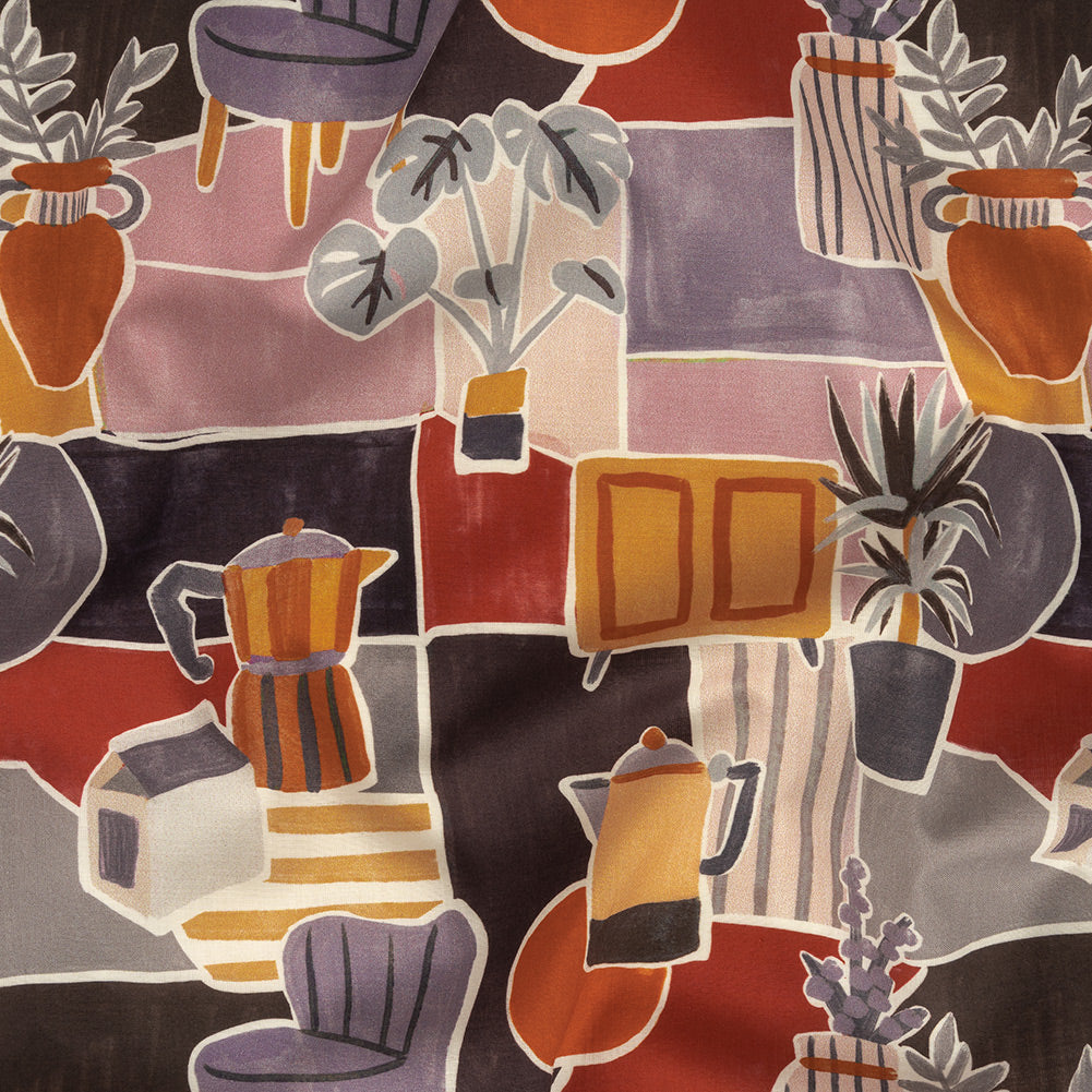 Cotton Voile - Purple and Orange Plants and Furniture - Peaceful Waking Print - Mood Exclusive Wisteria Collection - Joann Fabrics