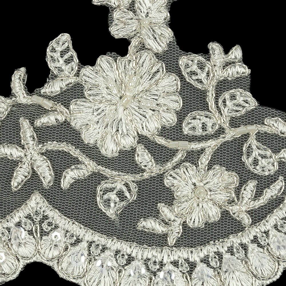 Off White and Metallic Silver Floral Sequins and Beaded Bridal Lace Trim with Scalloped Edge - 4.5