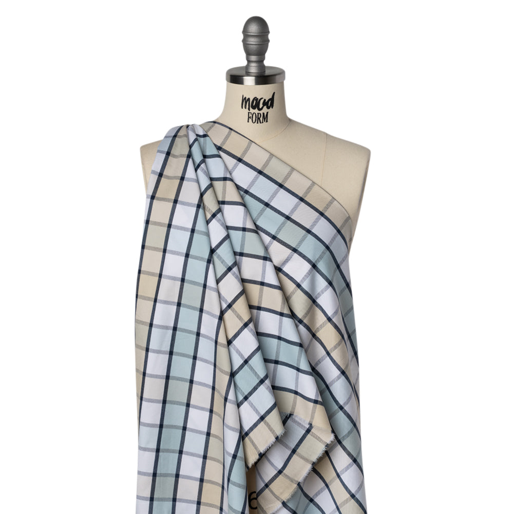 Cotton Oxford Shirting - Beige, Baby Blue and Navy Plaid - Deadstock - Joann Fabrics