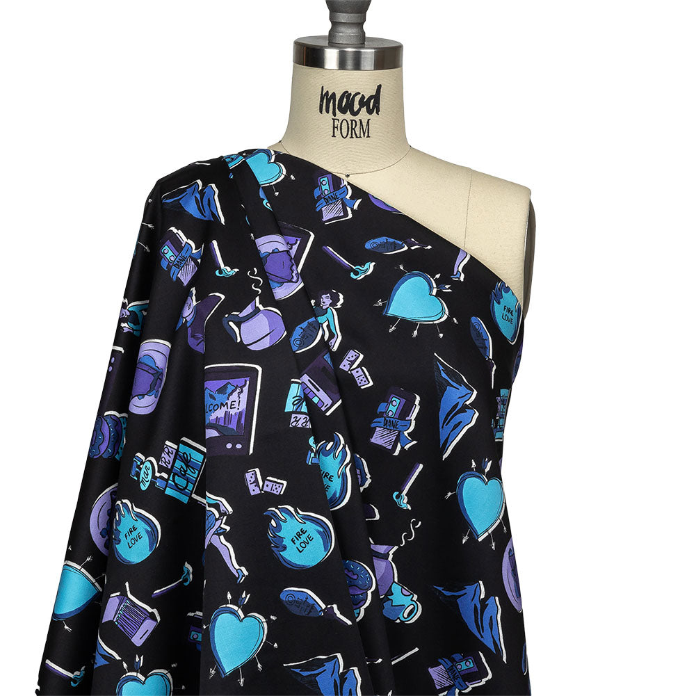Stretch Cotton Sateen - Purple and Blue Iconic Symbols - Live at Sun Studio Print - Mood Exclusive Indigo Collection - Joann Fabrics