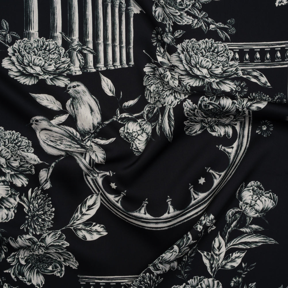 Polyester Satin - White on Black Flowers and Columns - Mood Exclusive Petal Pillars Print - Joann Fabrics