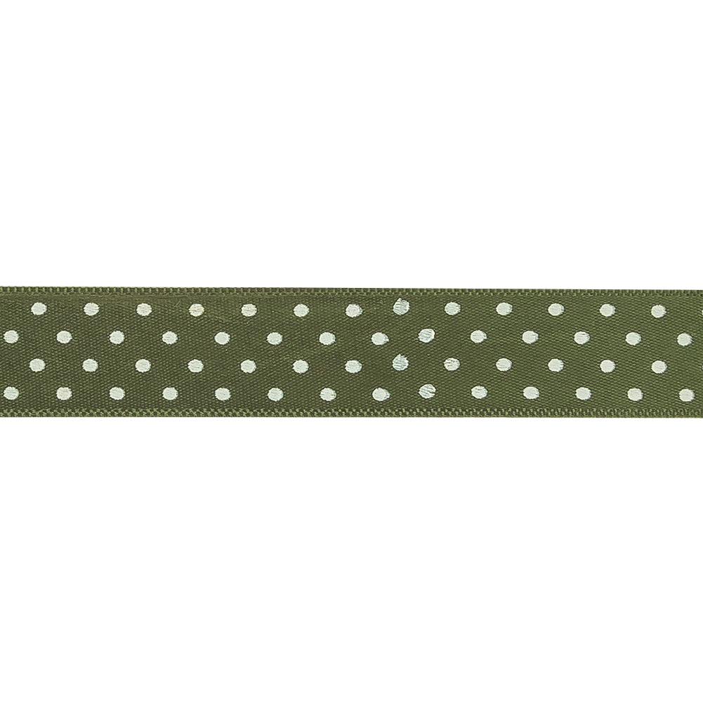 Olive and White Polka Dots Satin Ribbon - 0.625