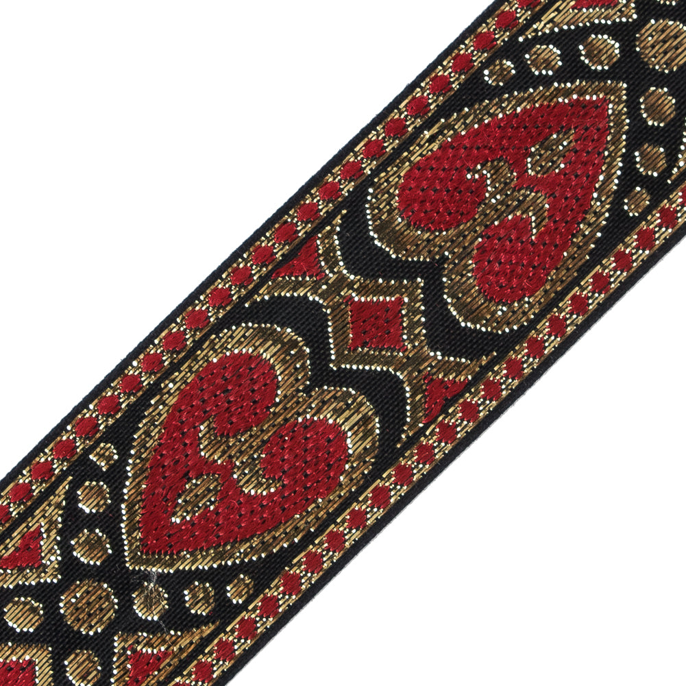 Metallic Gold and Red Hearts Jacquard Ribbon - 1.5