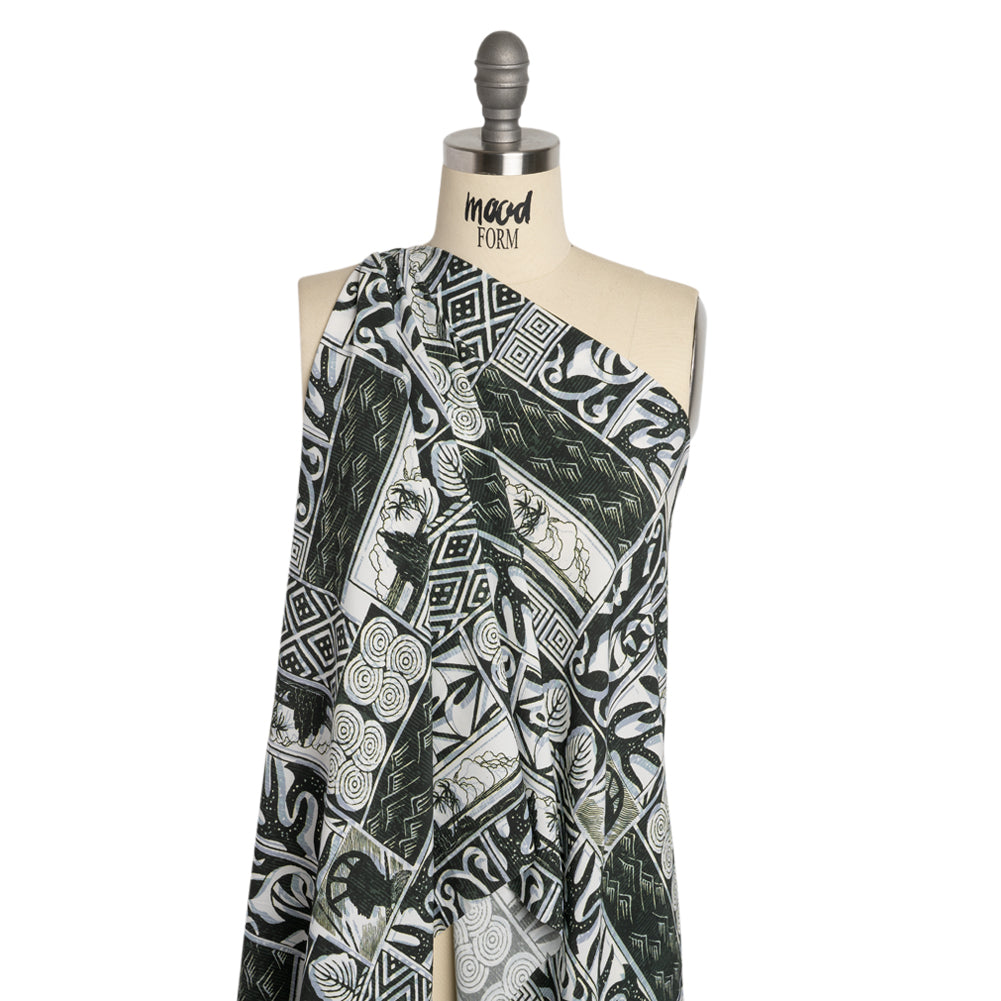 Viscose Woven Print - Black, White and Pale Blue Leaf and Geometric Patchwork - Mood Exclusive Mahiole of Maui - Joann Fabrics