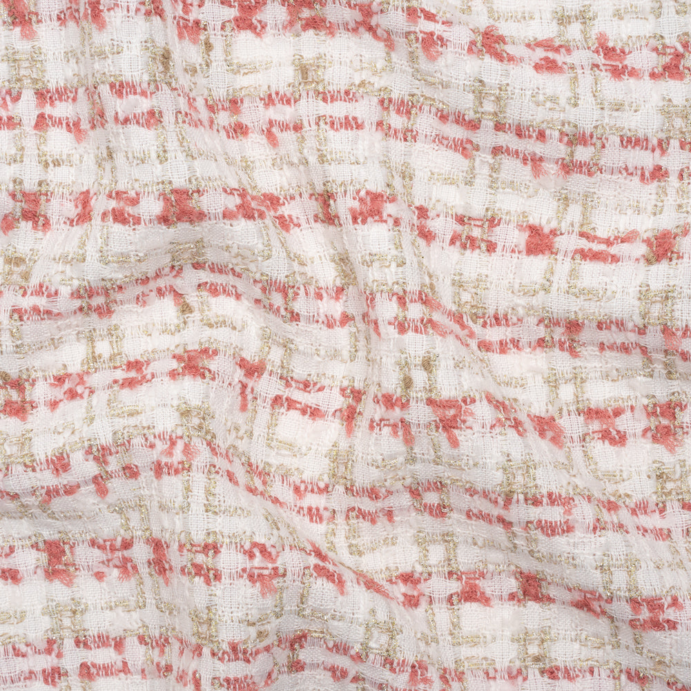 Metallic Polyester and Acrylic Tweed - White, Dusty Rose and Gold Plaid - Deadstock - Joann Fabrics