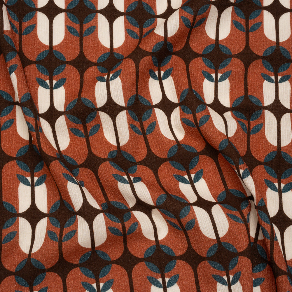 Slubbed Gauzy Cotton Woven - Rust Red, Dark Blue and Coffee Brown Geometric Floral Windows - Mood Exclusive Greenhouse Geometries Print - Joann Fabrics