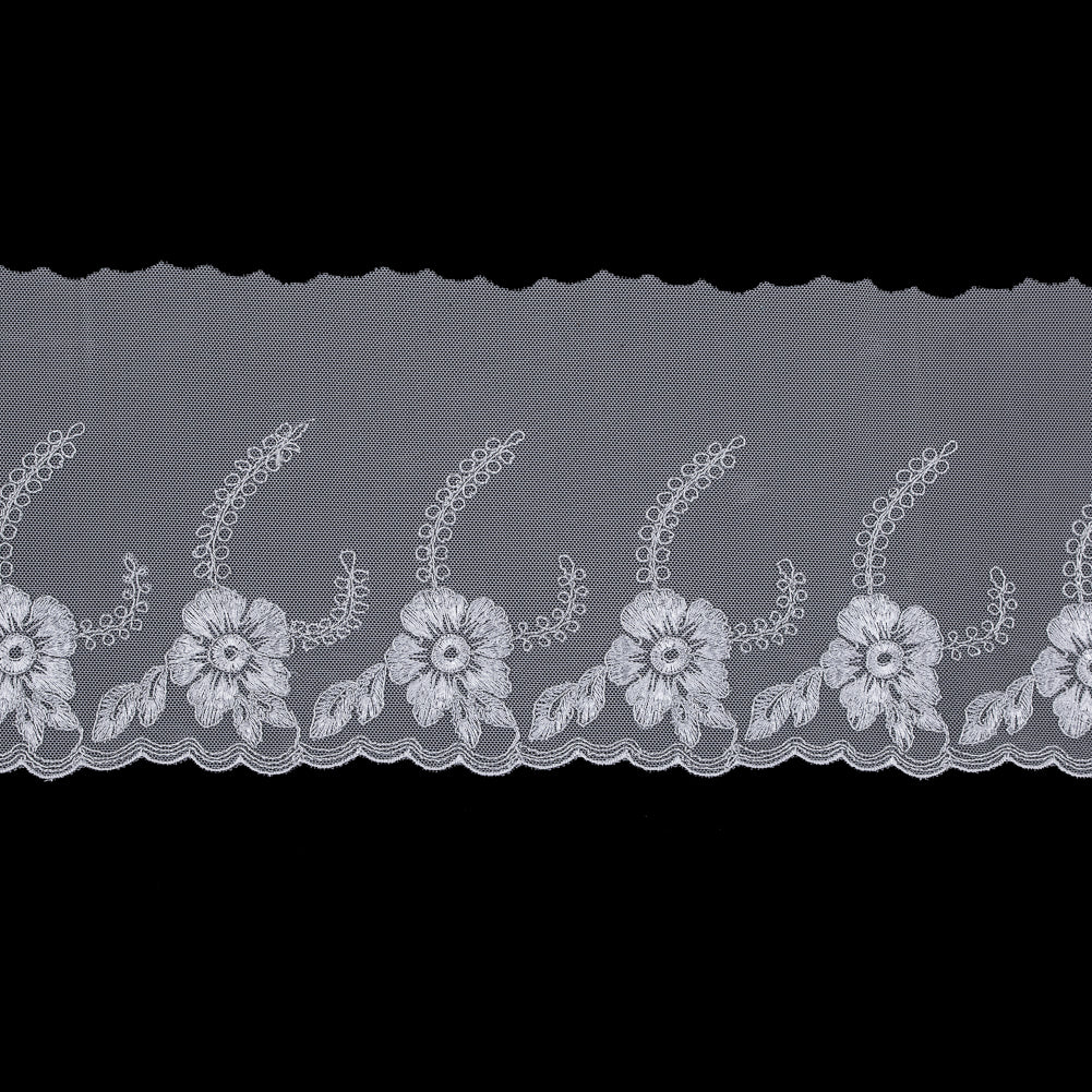 White and Metallic Silver Embroidered Mesh with a Scalloped Edge - 7
