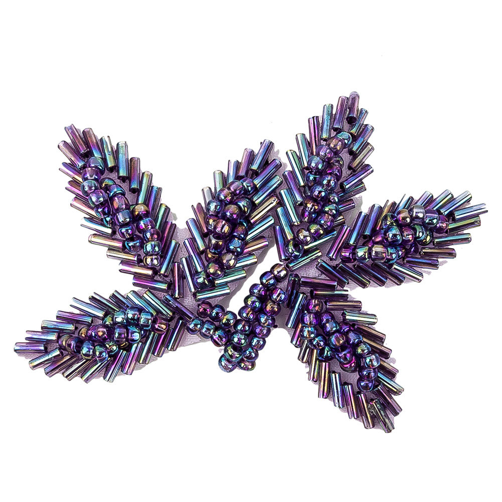 Vintage Lavender Iris Bugle and Seed Beaded Foliage Applique - 2.25