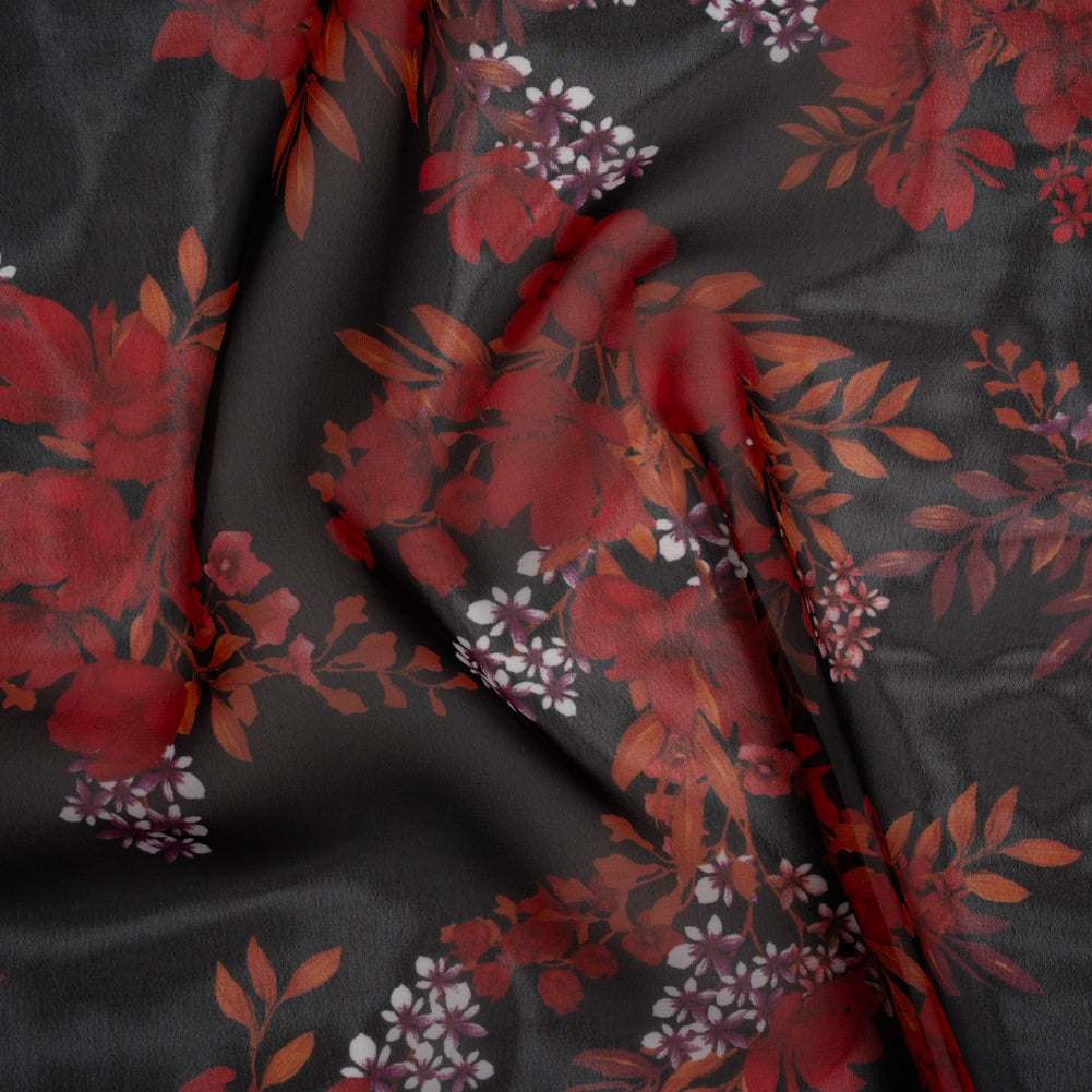 Polyester Chiffon Print - Red, Plum and Black Floral Bunches - Designer Deadstock - Joann Fabrics