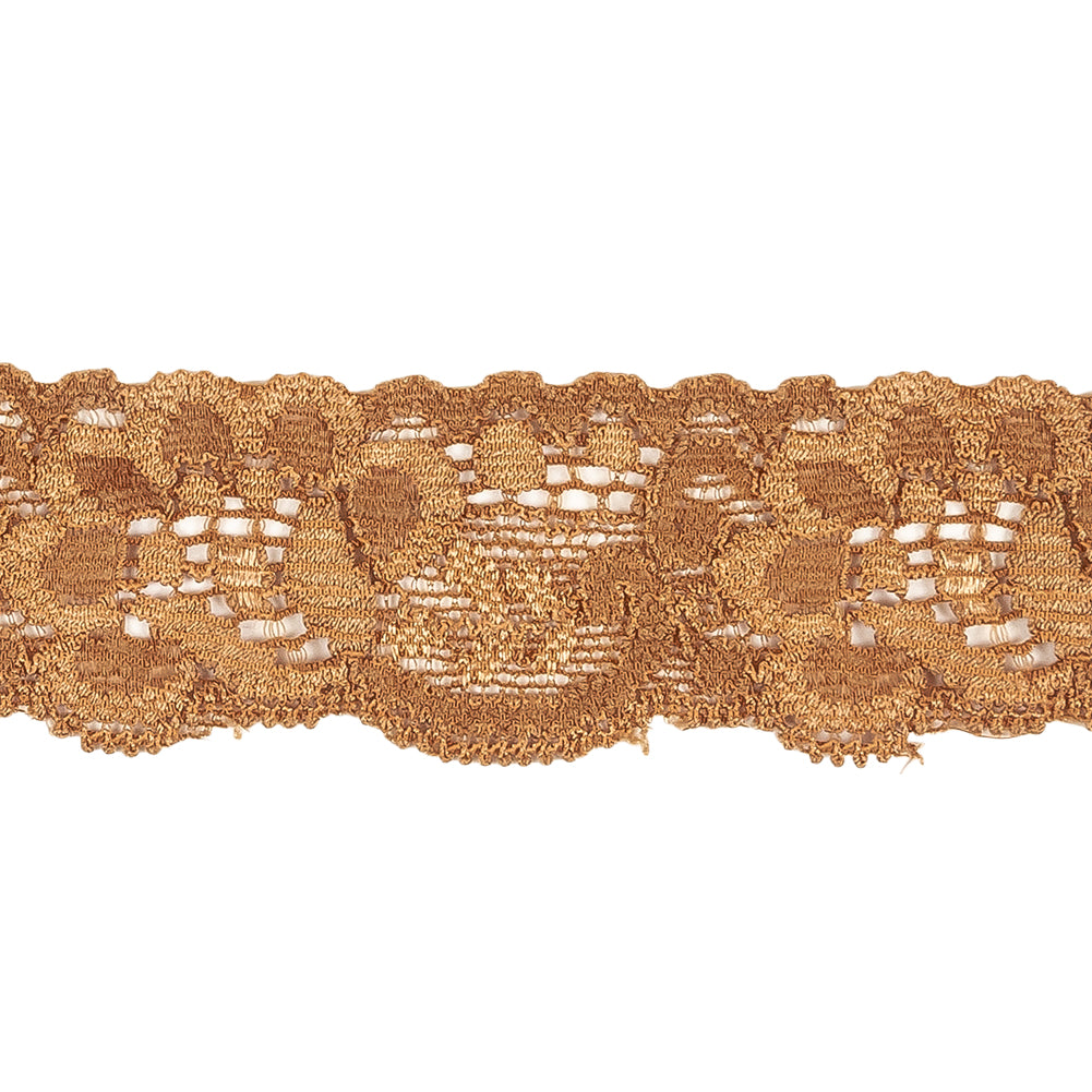 Golden Brown Floral Stretch Lace Trim - 1.25