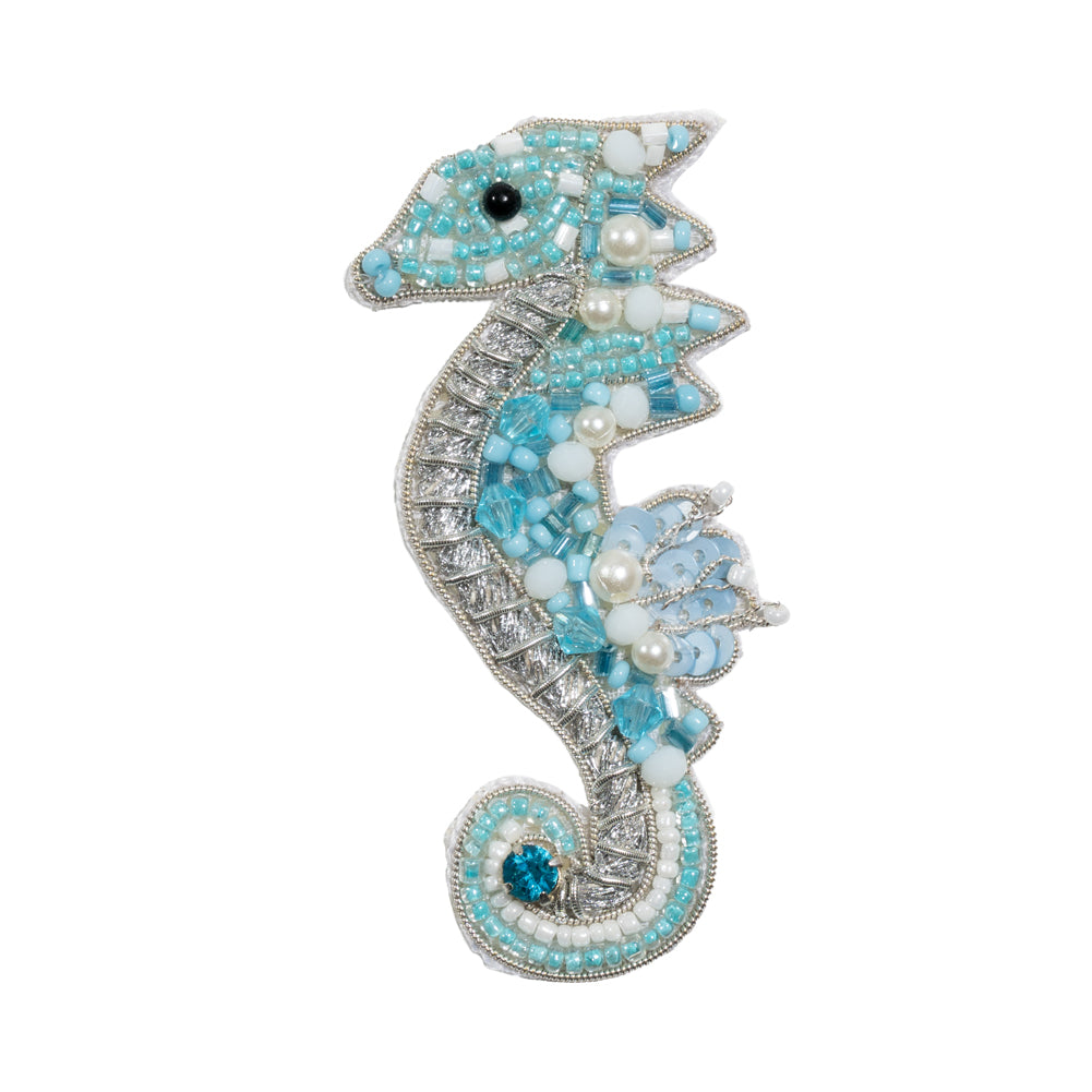 Aqua, Silver and White Baby Seahorse Sequins and Glass Beaded Applique - 3.125