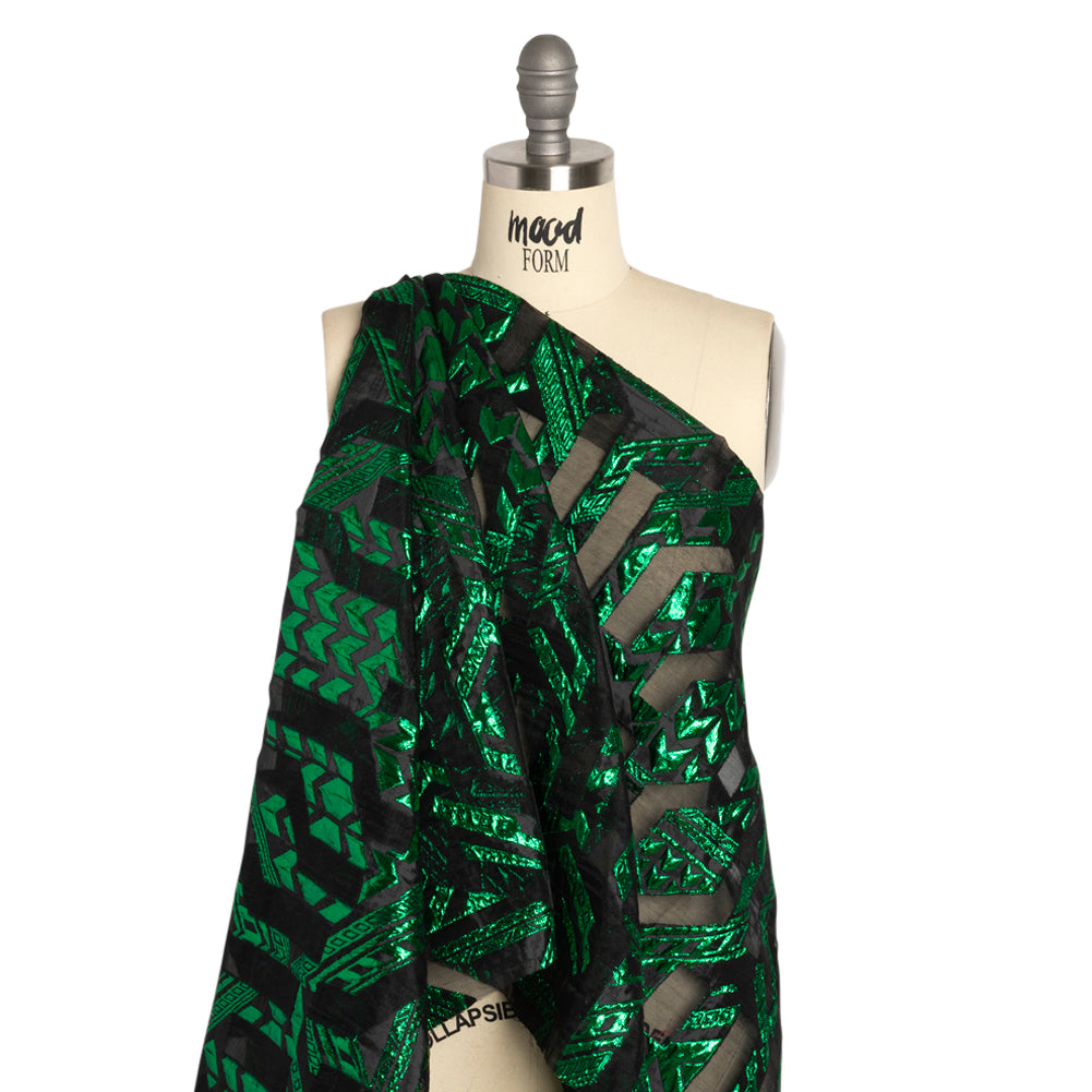 Metallic Kelly Green and Black Geometric Pathways Luxury Burnout Brocade - Joann Fabrics