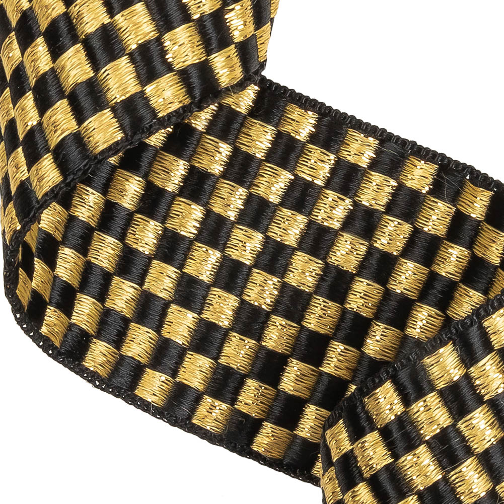 Black and Metallic Gold Checkerboard Satin Faced Woven Trim - 2